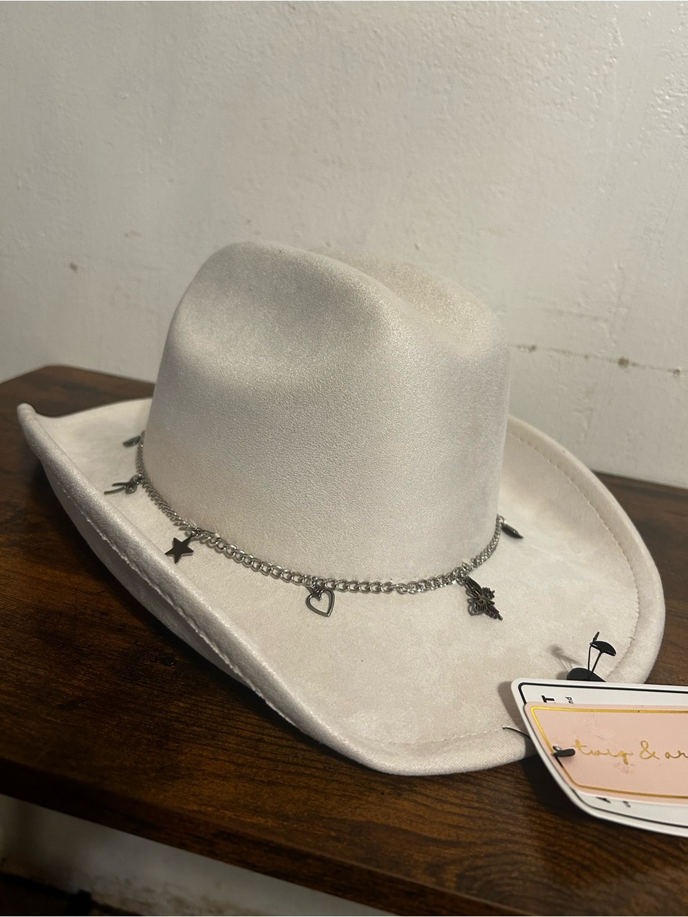 Cream Felt Cowboy Hat with Silver Charm Chain